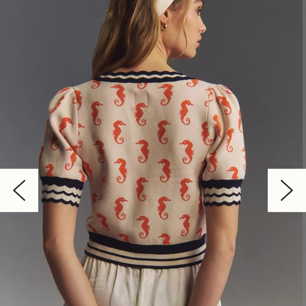Maeve Vneck SSlv Cream & Orange Seahorses with Blue Trim Sz 1X Cardigan Sweater - Picture 10 of 16